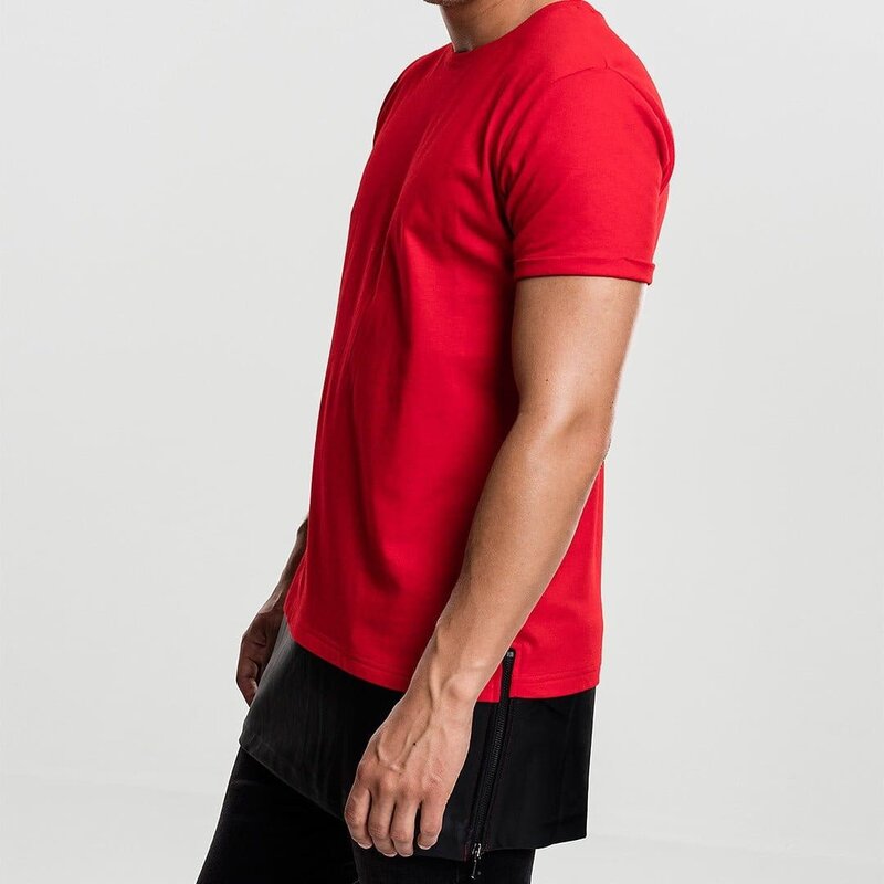 Tricou lung barbati insertie piele si fermoare urban rosu